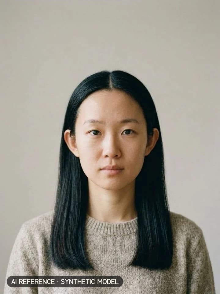 Long one-length on Model W1 (light skin · straight 1B hair · 20s). AI reference on a synthetic model — not a real person.
