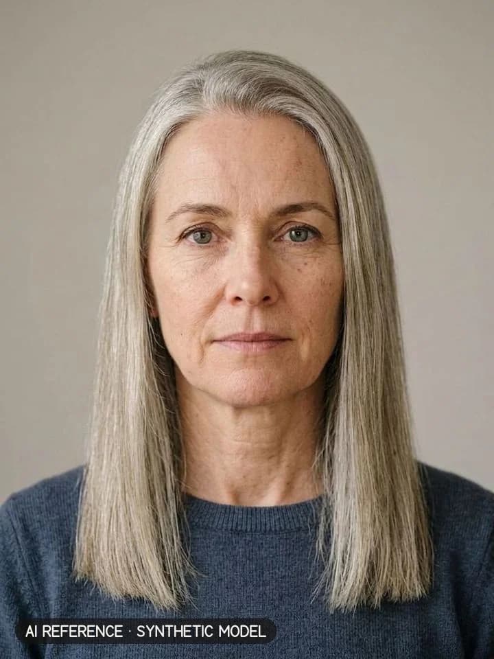 Long one-length on Model W2 (fair skin · straight 1C hair with silver strands · 50s). AI reference on a synthetic model — not a real person.