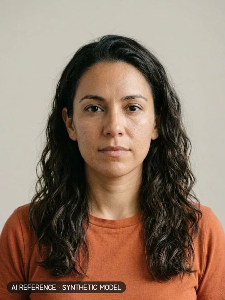Long one-length on Model W3 (olive skin · wavy 2A–2B hair · 30s). AI reference on a synthetic model — not a real person.
