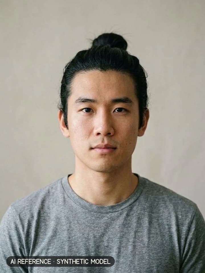 Long layered / man bun on Model M1 (light skin · straight 1B hair · 20s). AI reference on a synthetic model — not a real person.