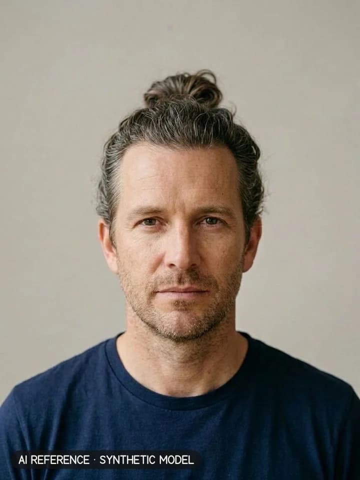 Long layered / man bun on Model M2 (fair skin · fine-wavy 2A hair with some gray · 40s). AI reference on a synthetic model — not a real person.