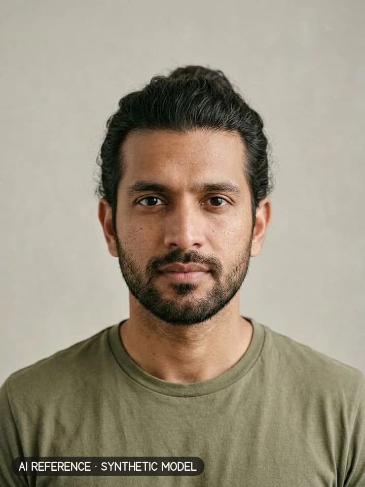 Long layered / man bun on Model M3 (medium brown skin · thick wavy 2B–2C hair · 30s). AI reference on a synthetic model — not a real person.