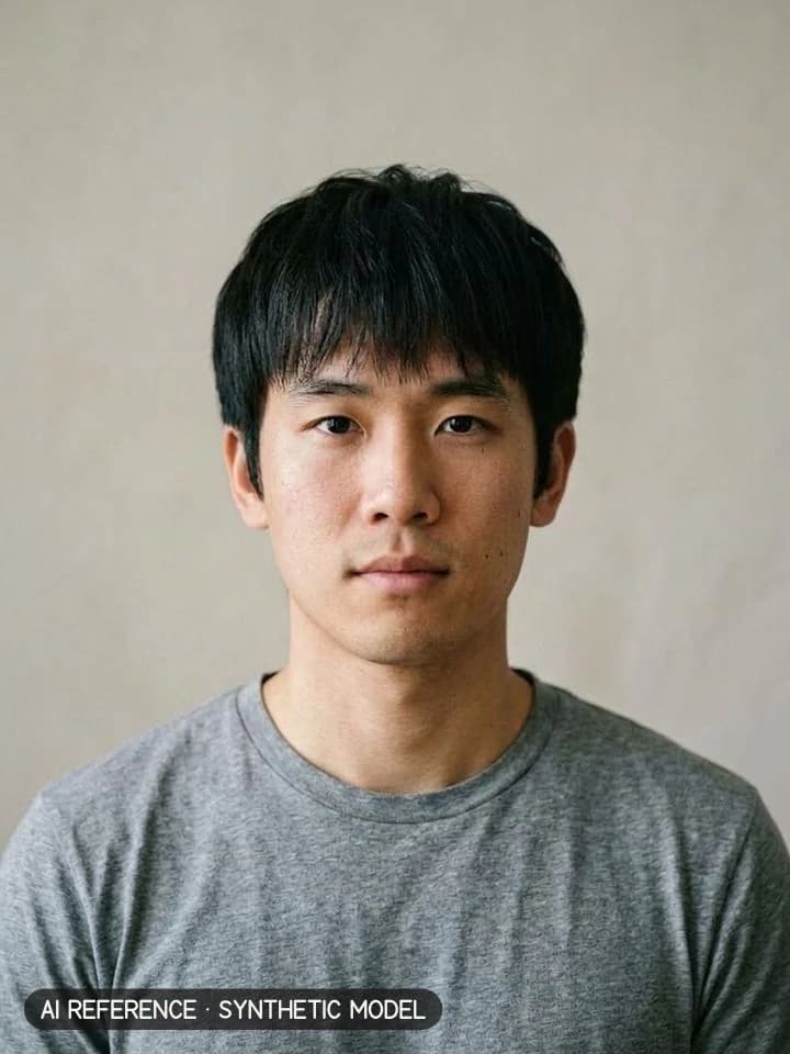 Mod cut on Model M1 (light skin · straight 1B hair · 20s). AI reference on a synthetic model — not a real person.