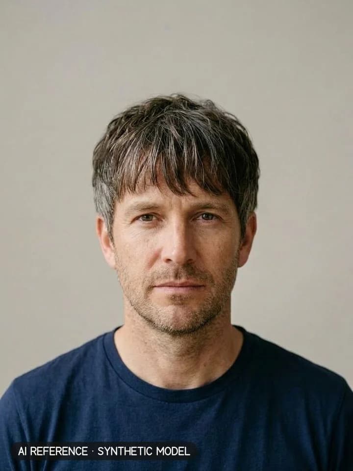 Mod cut on Model M2 (fair skin · fine-wavy 2A hair with some gray · 40s). AI reference on a synthetic model — not a real person.