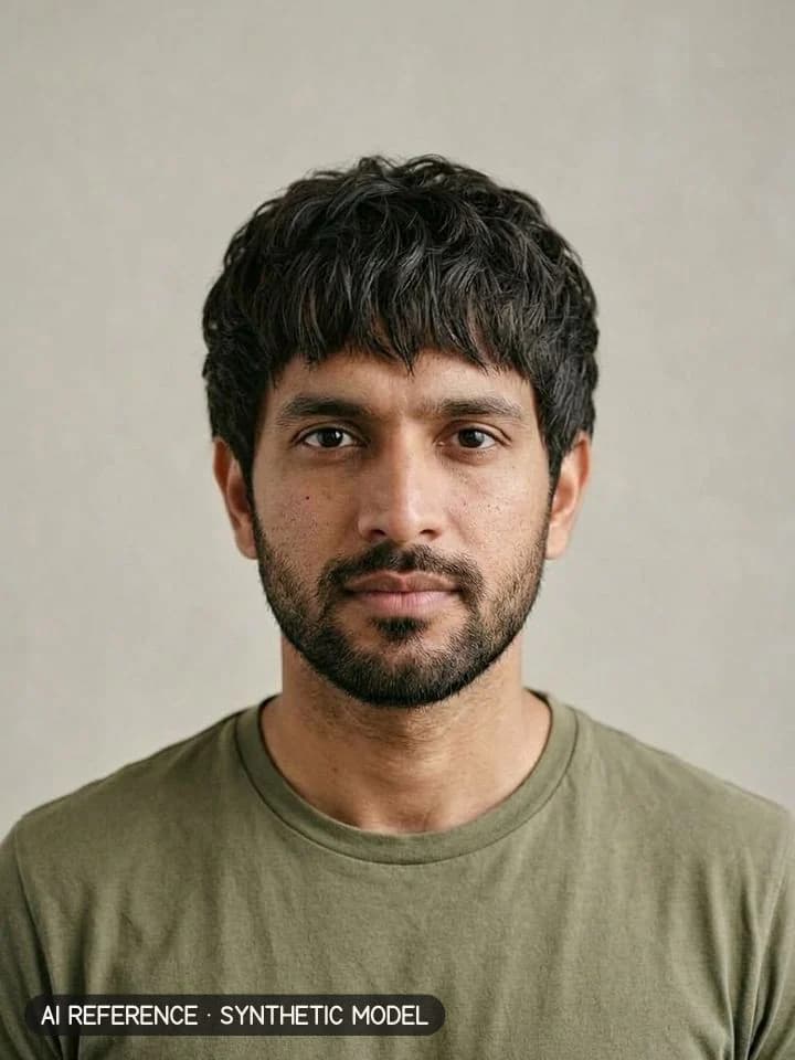 Mod cut on Model M3 (medium brown skin · thick wavy 2B–2C hair · 30s). AI reference on a synthetic model — not a real person.