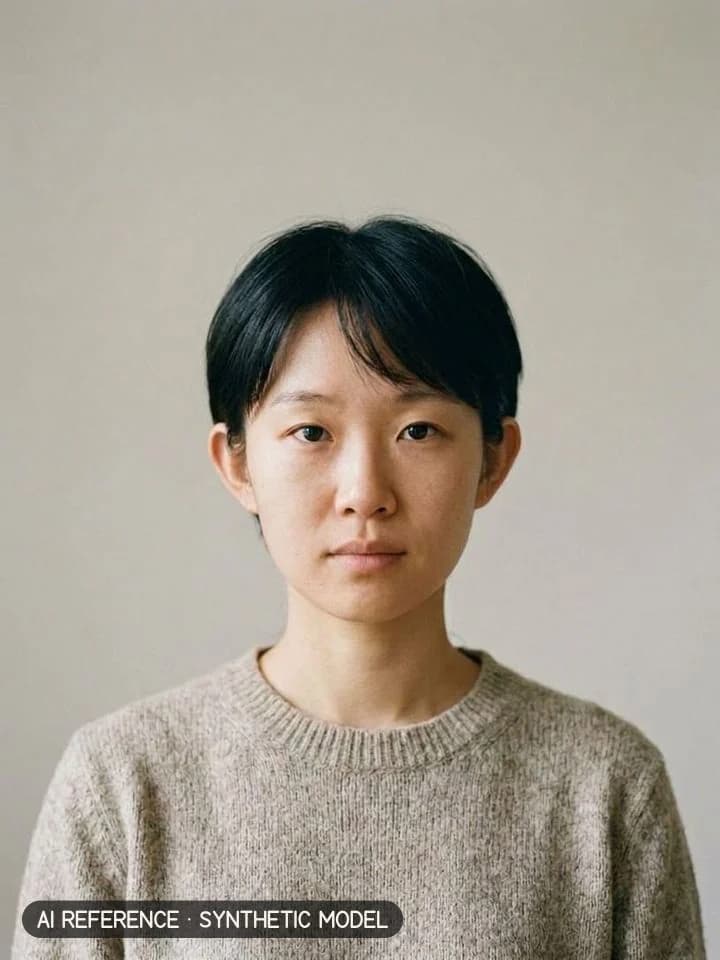 Classic pixie on Model W1 (light skin · straight 1B hair · 20s). AI reference on a synthetic model — not a real person.