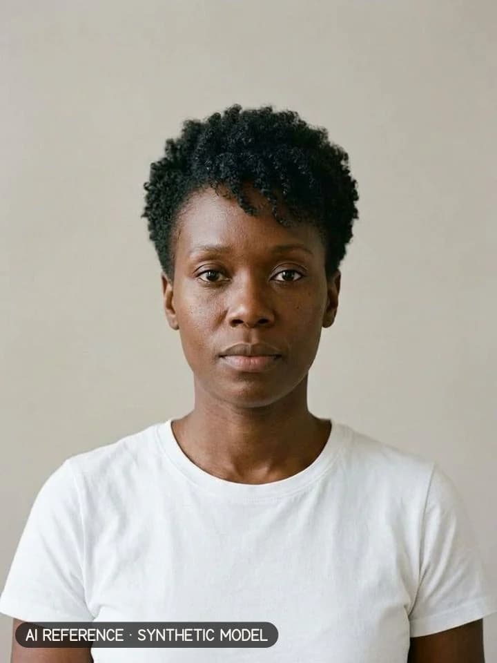 Classic pixie on Model W5 (deep brown skin · coily 4A–4B hair · 30s). AI reference on a synthetic model — not a real person.