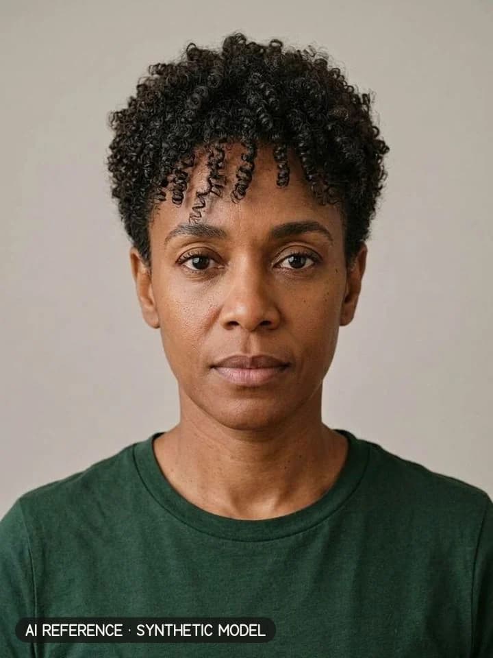 Classic pixie on Model W6 (medium-dark brown skin · tightly curly 3C–4A hair · 40s). AI reference on a synthetic model — not a real person.