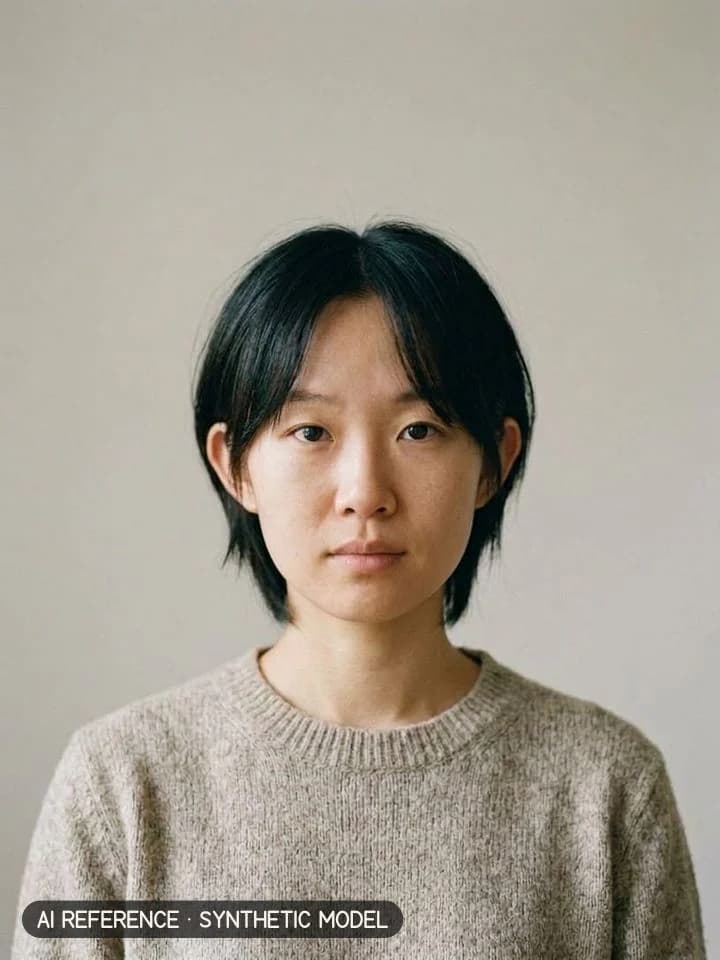 Shag on Model W1 (light skin · straight 1B hair · 20s). AI reference on a synthetic model — not a real person.