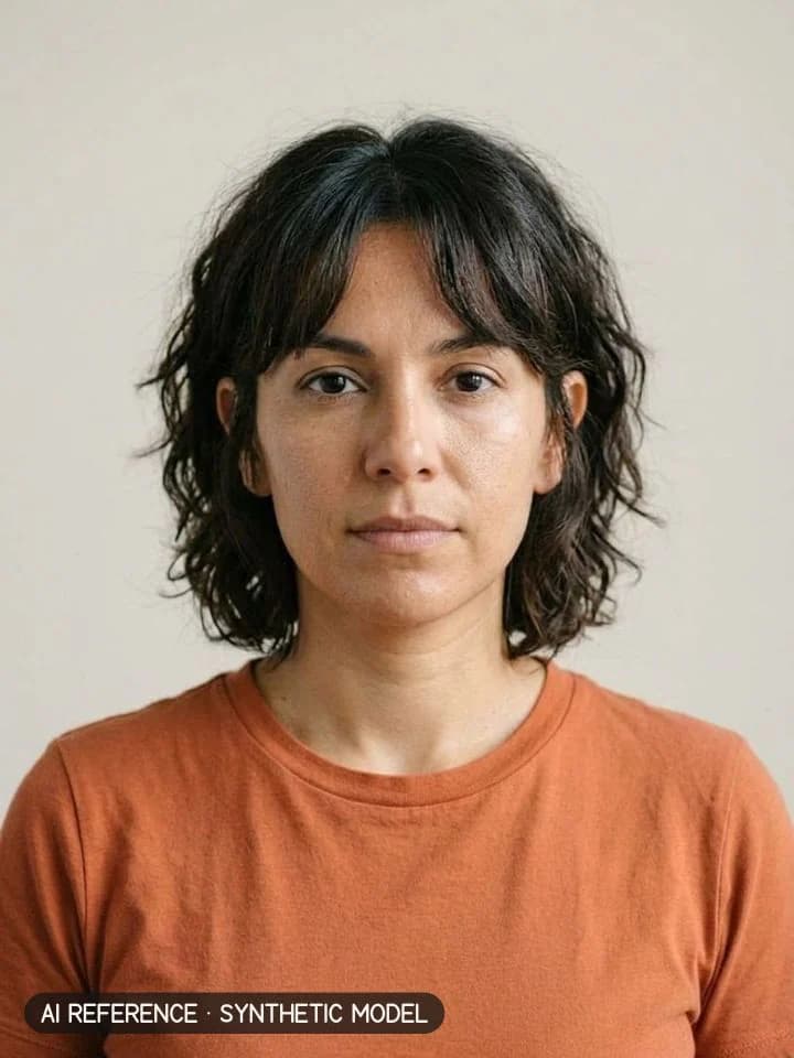 Shag on Model W3 (olive skin · wavy 2A–2B hair · 30s). AI reference on a synthetic model — not a real person.