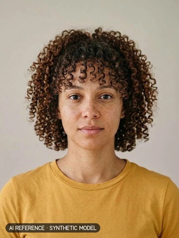 Shag on Model W4 (light brown skin · curly 3A–3B hair · 20s). AI reference on a synthetic model — not a real person.