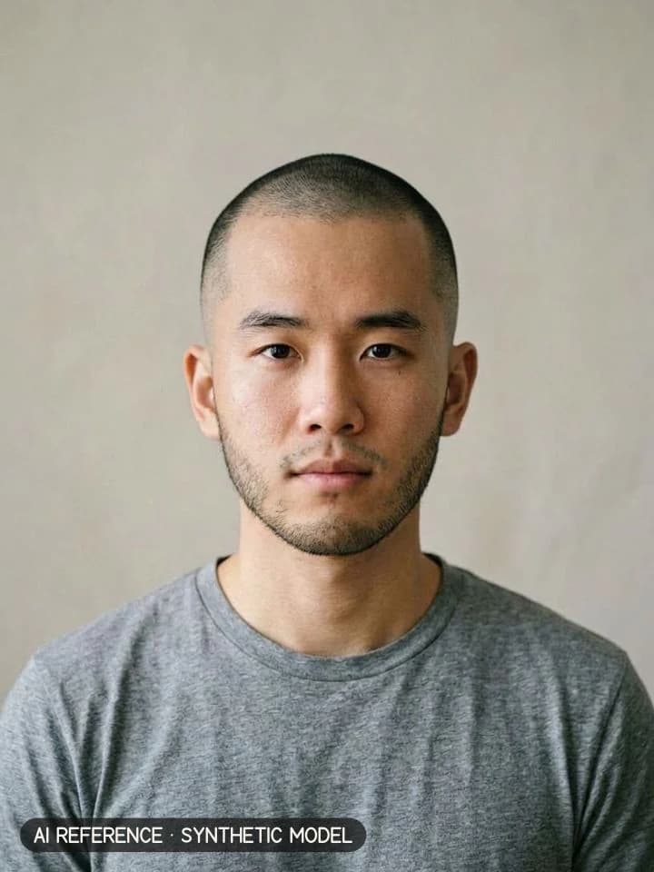 Shaved head / bald fade on Model M1 (light skin · straight 1B hair · 20s). AI reference on a synthetic model — not a real person.