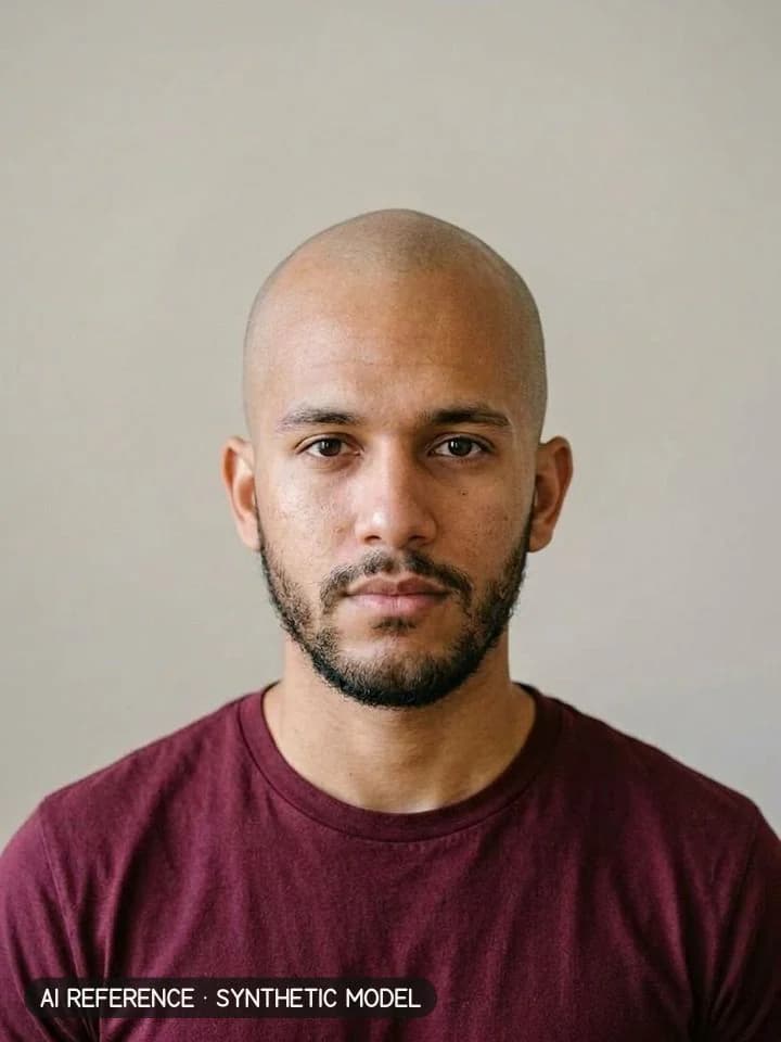 Shaved head / bald fade on Model M5 (light brown skin · curly 3B–3C hair · 20s). AI reference on a synthetic model — not a real person.