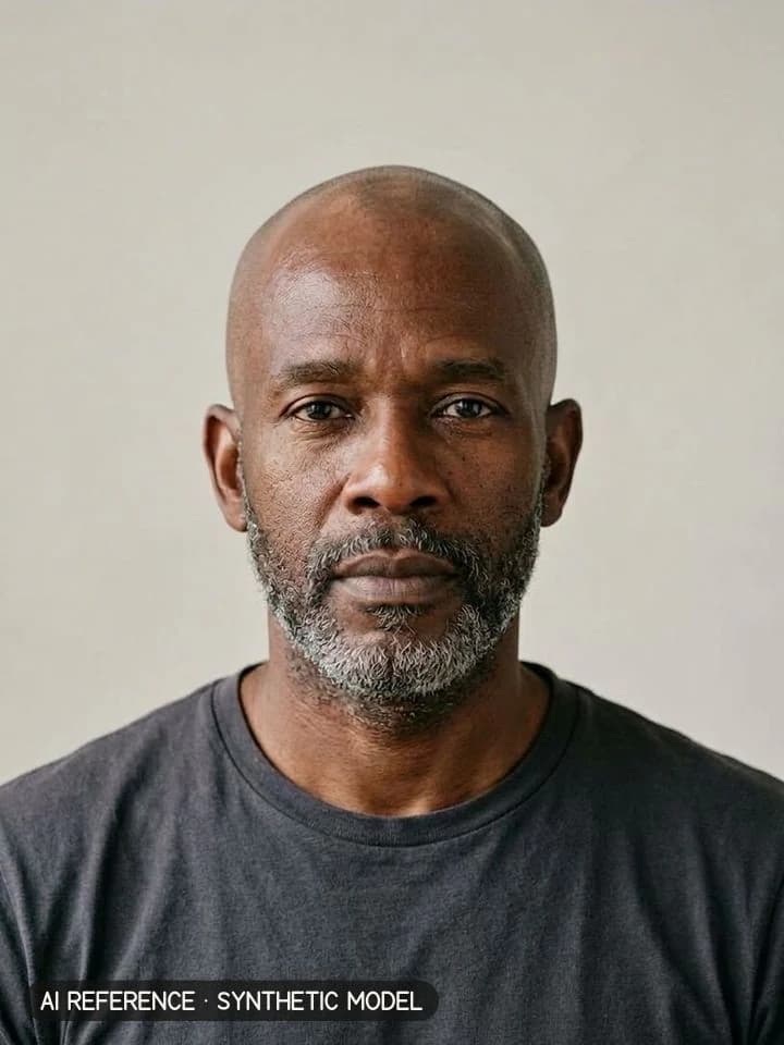 Shaved head / bald fade on Model M6 (dark brown skin · coily 4A hair with some gray · 50s). AI reference on a synthetic model — not a real person.