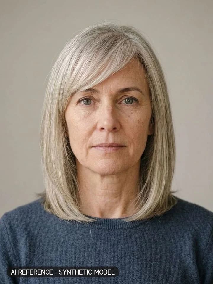 Side-swept fringe with layers on Model W2 (fair skin · straight 1C hair with silver strands · 50s). AI reference on a synthetic model — not a real person.