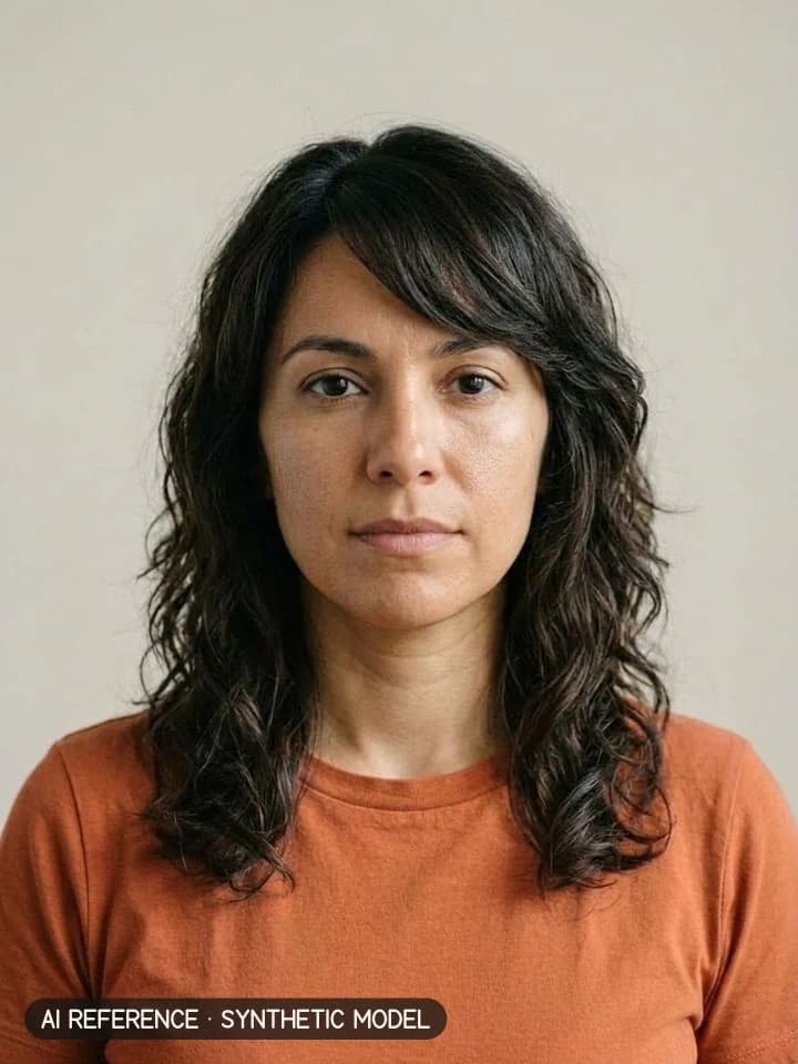 Side-swept fringe with layers on Model W3 (olive skin · wavy 2A–2B hair · 30s). AI reference on a synthetic model — not a real person.