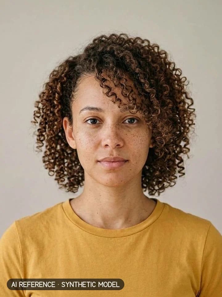 Side-swept fringe with layers on Model W4 (light brown skin · curly 3A–3B hair · 20s). AI reference on a synthetic model — not a real person.