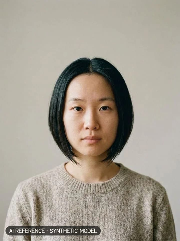 Stacked / inverted bob on Model W1 (light skin · straight 1B hair · 20s). AI reference on a synthetic model — not a real person.