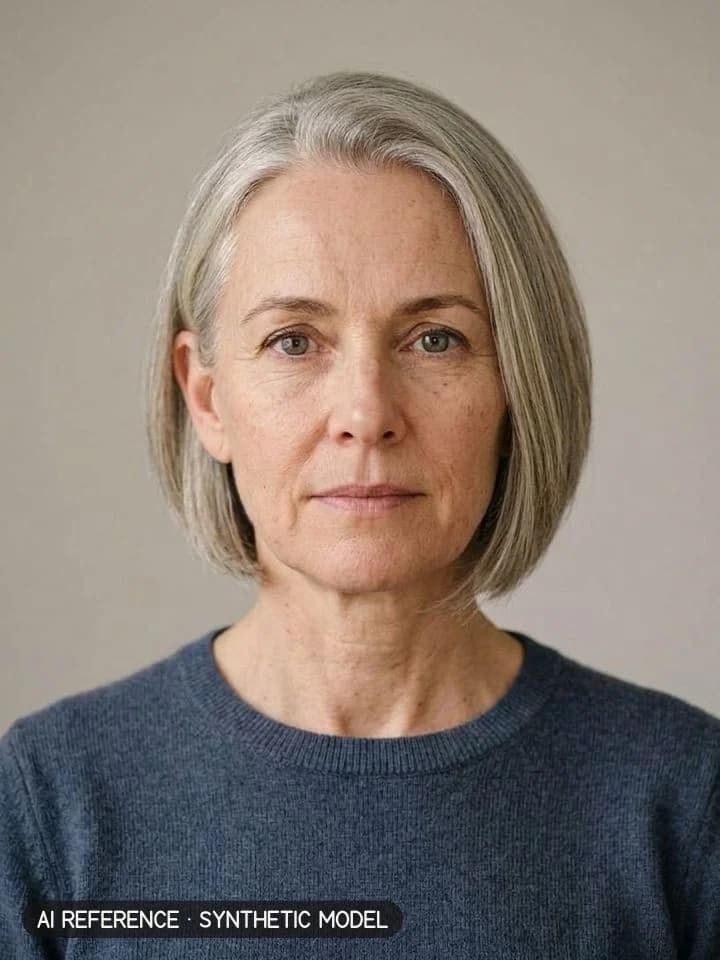 Stacked / inverted bob on Model W2 (fair skin · straight 1C hair with silver strands · 50s). AI reference on a synthetic model — not a real person.