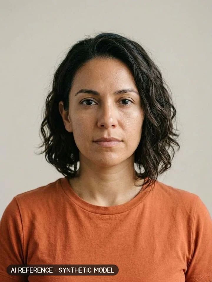 Stacked / inverted bob on Model W3 (olive skin · wavy 2A–2B hair · 30s). AI reference on a synthetic model — not a real person.