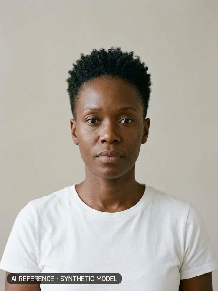 Tapered natural (TWA) on Model W5 (deep brown skin · coily 4A–4B hair · 30s). AI reference on a synthetic model — not a real person.