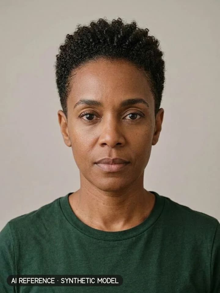 Tapered natural (TWA) on Model W6 (medium-dark brown skin · tightly curly 3C–4A hair · 40s). AI reference on a synthetic model — not a real person.