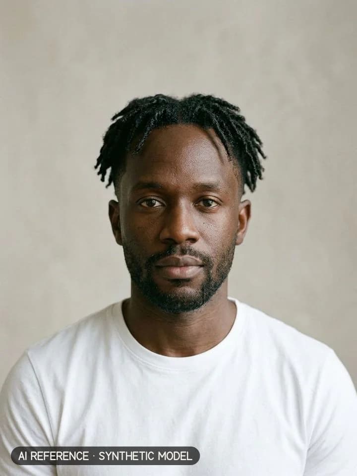 Twists / starter locs on Model M4 (deep brown skin · coily 4C hair · 30s). AI reference on a synthetic model — not a real person.