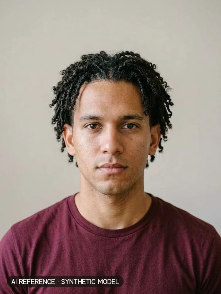 Twists / starter locs on Model M5 (light brown skin · curly 3B–3C hair · 20s). AI reference on a synthetic model — not a real person.