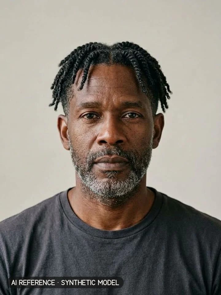 Twists / starter locs on Model M6 (dark brown skin · coily 4A hair with some gray · 50s). AI reference on a synthetic model — not a real person.