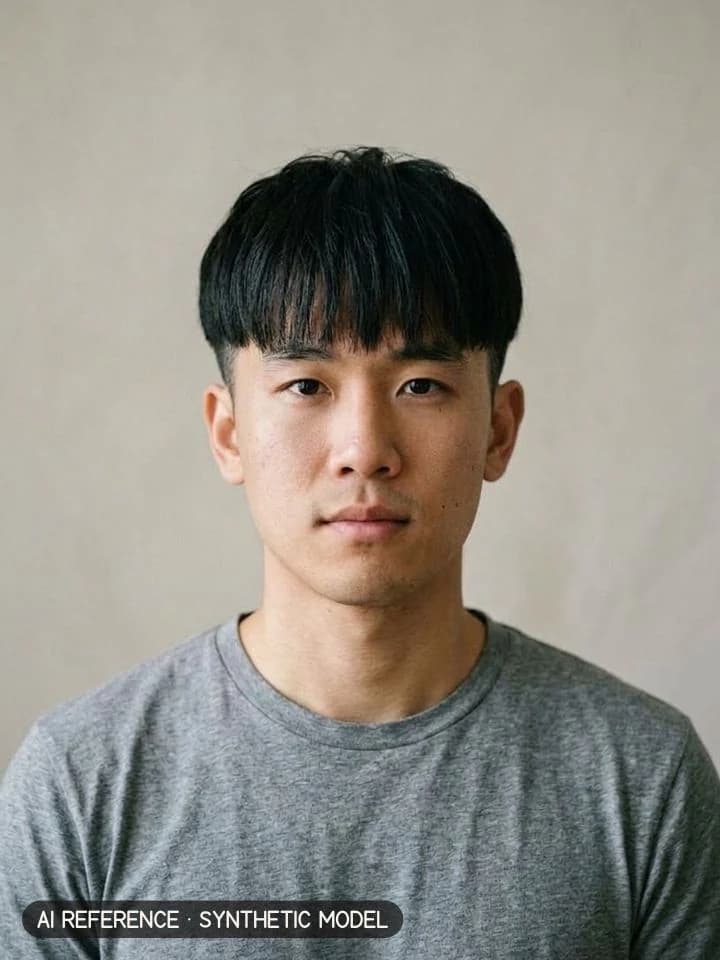 Two-block / K-style fringe on Model M1 (light skin · straight 1B hair · 20s). AI reference on a synthetic model — not a real person.
