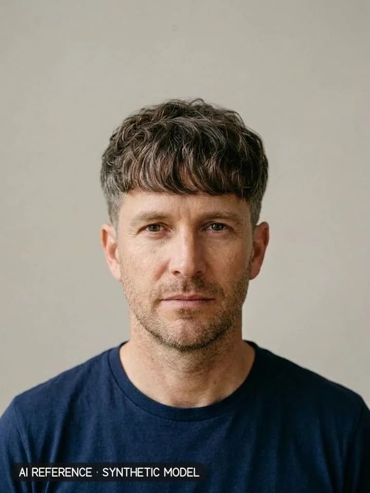 Two-block / K-style fringe on Model M2 (fair skin · fine-wavy 2A hair with some gray · 40s). AI reference on a synthetic model — not a real person.