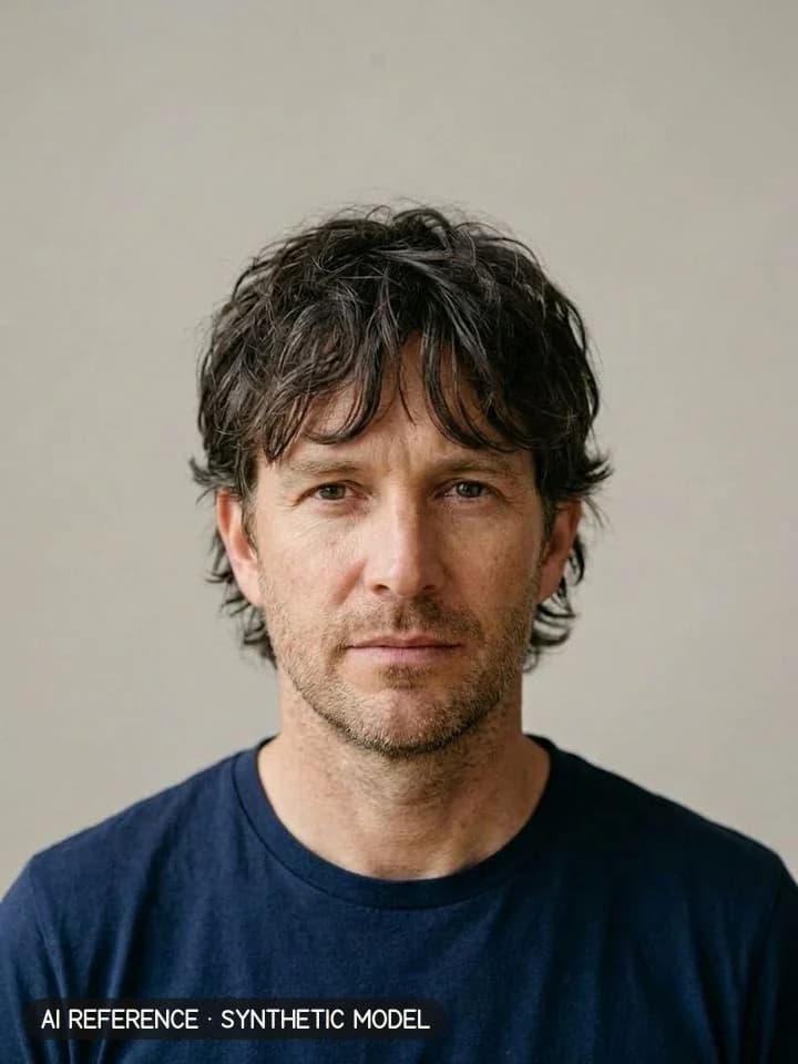 Wolf cut on Model M2 (fair skin · fine-wavy 2A hair with some gray · 40s). AI reference on a synthetic model — not a real person.