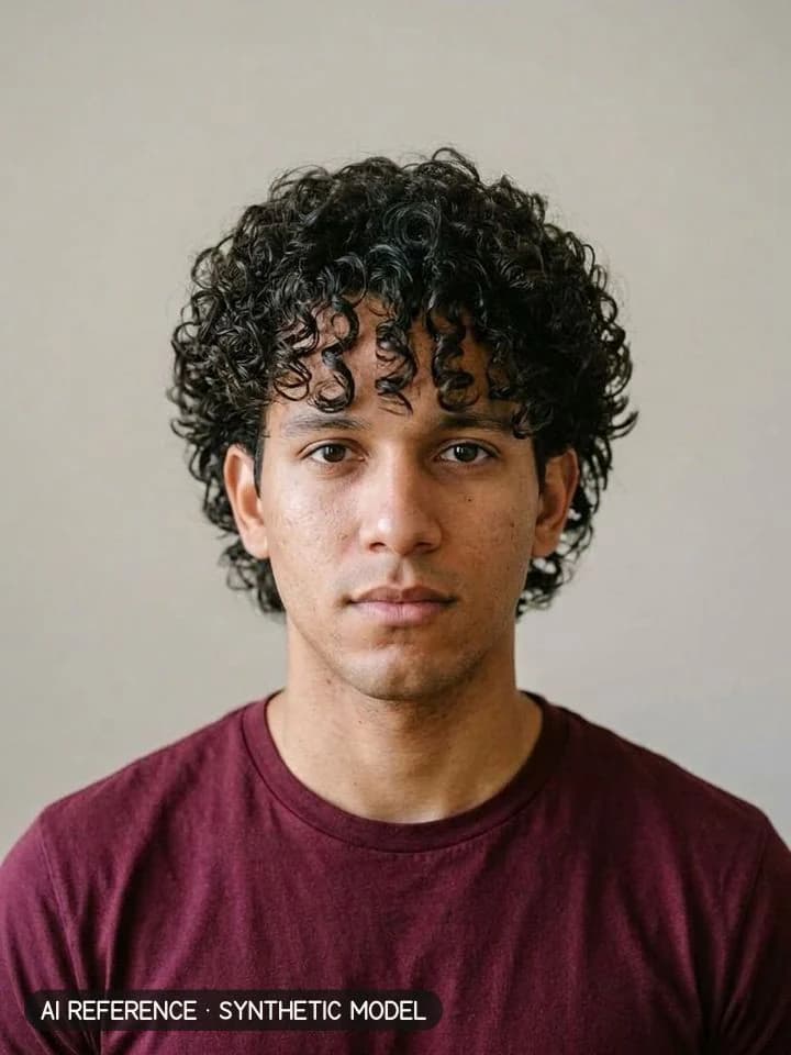 Wolf cut on Model M5 (light brown skin · curly 3B–3C hair · 20s). AI reference on a synthetic model — not a real person.