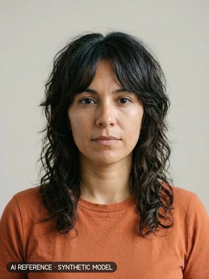 Wolf cut on Model W3 (olive skin · wavy 2A–2B hair · 30s). AI reference on a synthetic model — not a real person.