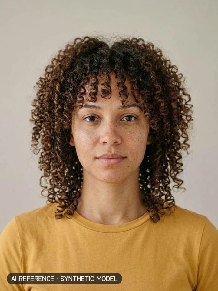 Wolf cut on Model W4 (light brown skin · curly 3A–3B hair · 20s). AI reference on a synthetic model — not a real person.