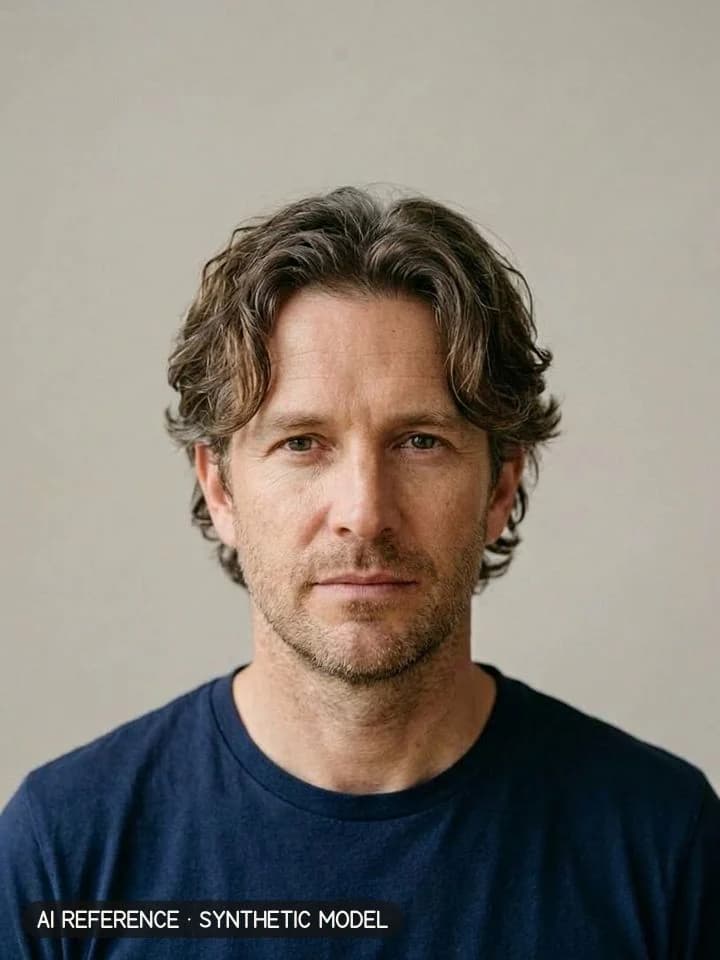 Men's wolf cut on Model M2 (fair skin · fine-wavy 2A hair with some gray · 40s). AI reference on a synthetic model — not a real person.