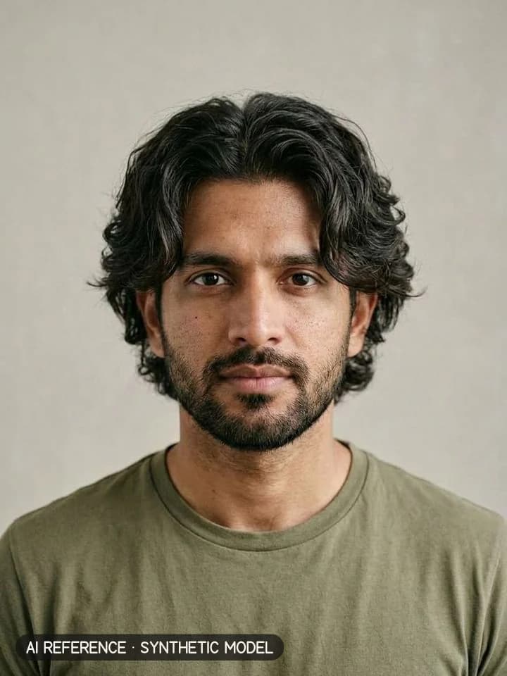 Men's wolf cut on Model M3 (medium brown skin · thick wavy 2B–2C hair · 30s). AI reference on a synthetic model — not a real person.