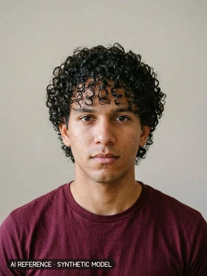 Men's wolf cut on Model M5 (light brown skin · curly 3B–3C hair · 20s). AI reference on a synthetic model — not a real person.