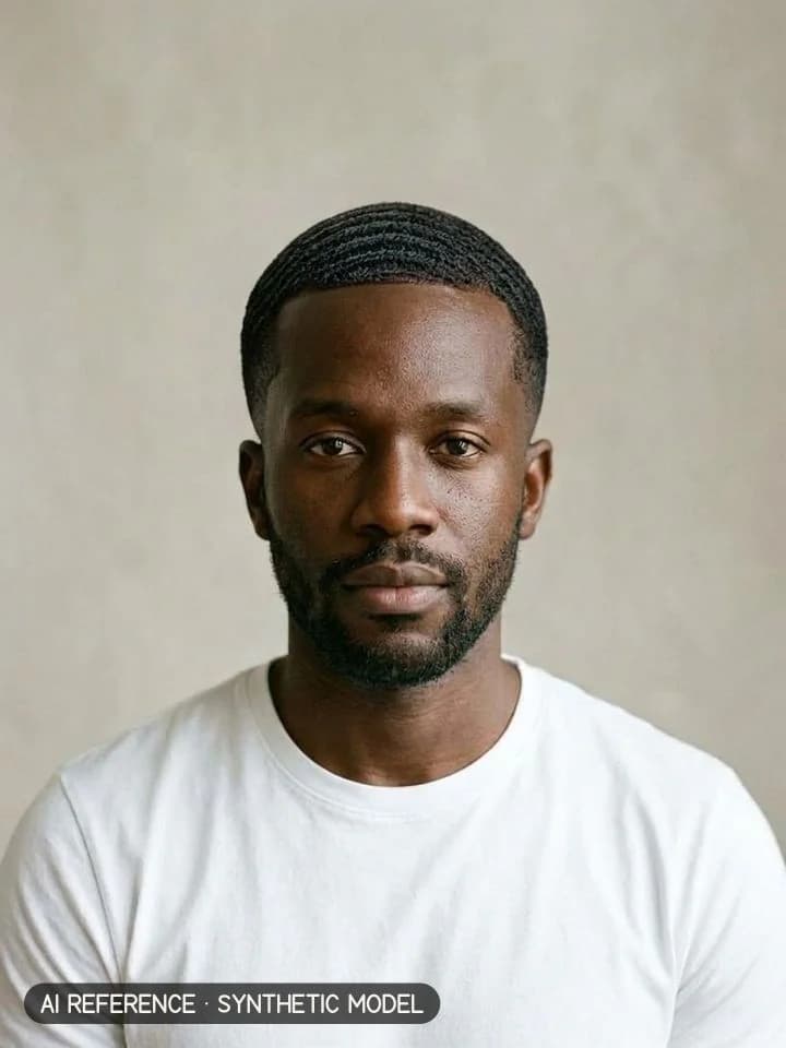 360 waves on Model M4 (deep brown skin · coily 4C hair · 30s). AI reference on a synthetic model — not a real person.