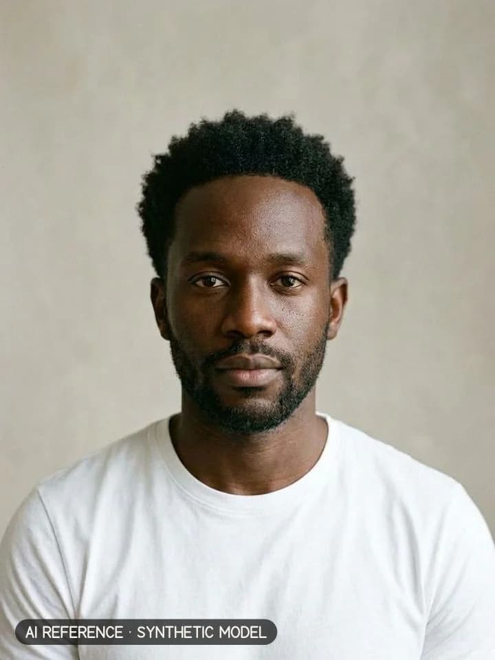 Afro taper on Model M4 (deep brown skin · coily 4C hair · 30s). AI reference on a synthetic model — not a real person.
