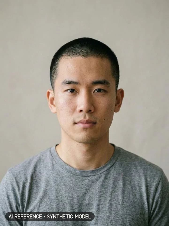 Buzz cut on Model M1 (light skin · straight 1B hair · 20s). AI reference on a synthetic model — not a real person.