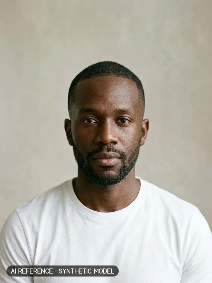 Buzz cut on Model M4 (deep brown skin · coily 4C hair · 30s). AI reference on a synthetic model — not a real person.