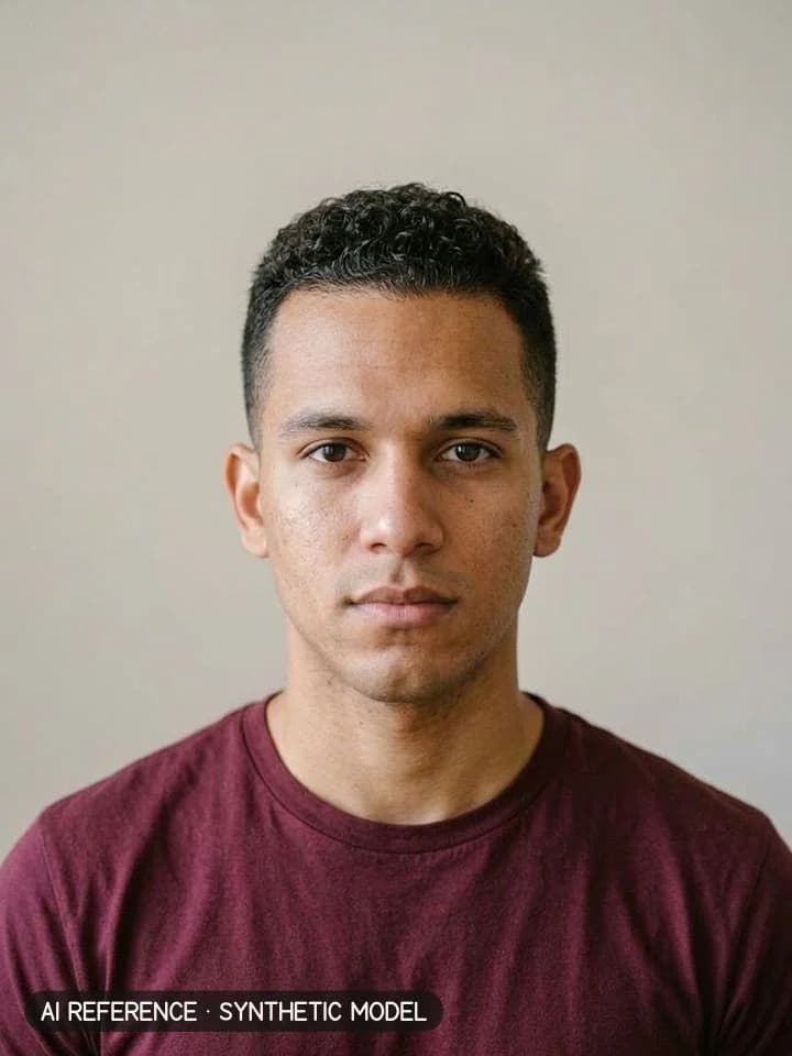 Buzz cut on Model M5 (light brown skin · curly 3B–3C hair · 20s). AI reference on a synthetic model — not a real person.