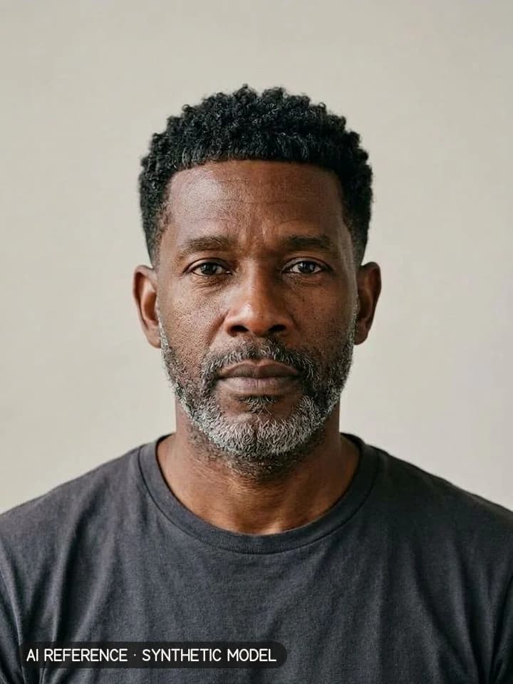 Caesar cut on Model M6 (dark brown skin · coily 4A hair with some gray · 50s). AI reference on a synthetic model — not a real person.