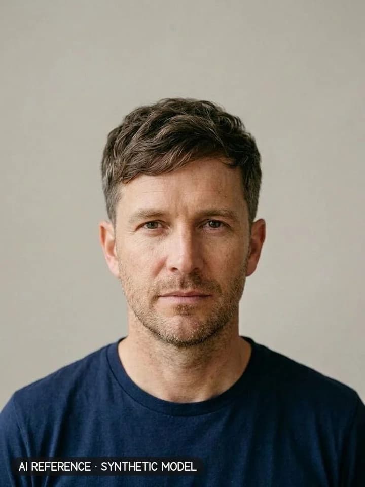 Classic taper (short back & sides) on Model M2 (fair skin · fine-wavy 2A hair with some gray · 40s). AI reference on a synthetic model — not a real person.