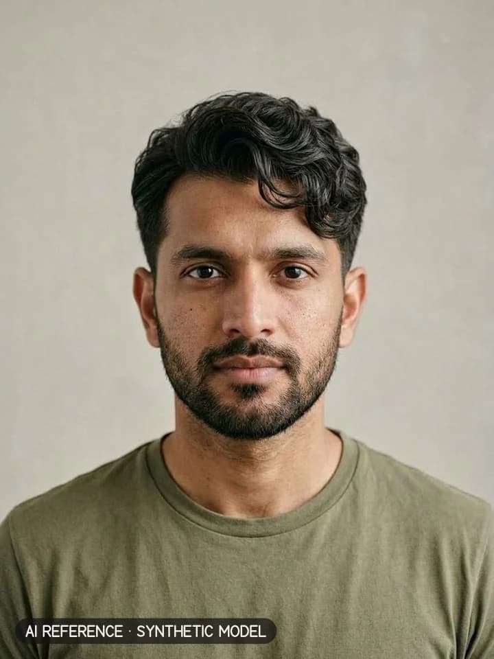 Classic taper (short back & sides) on Model M3 (medium brown skin · thick wavy 2B–2C hair · 30s). AI reference on a synthetic model — not a real person.