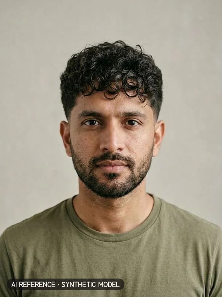 Curly top + taper on Model M3 (medium brown skin · thick wavy 2B–2C hair · 30s). AI reference on a synthetic model — not a real person.