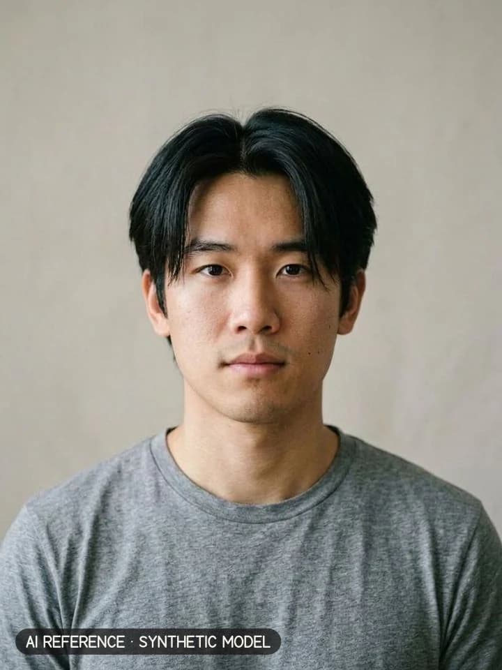 Curtains / middle part on Model M1 (light skin · straight 1B hair · 20s). AI reference on a synthetic model — not a real person.