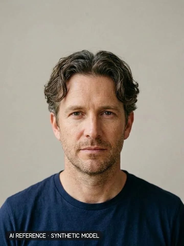 Curtains / middle part on Model M2 (fair skin · fine-wavy 2A hair with some gray · 40s). AI reference on a synthetic model — not a real person.