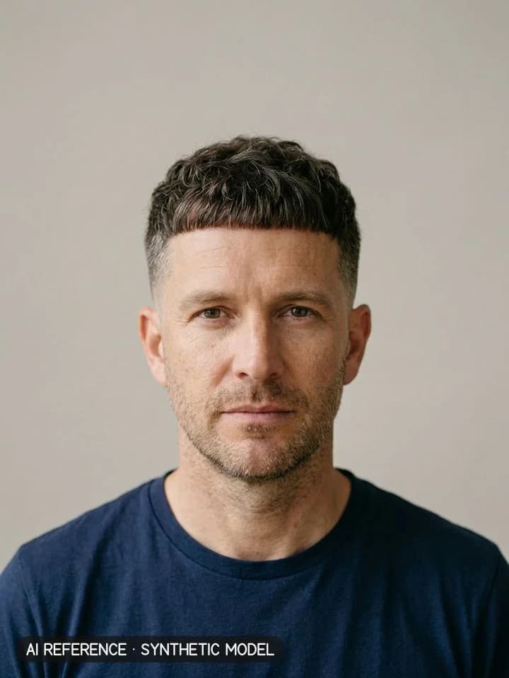 Edgar cut on Model M2 (fair skin · fine-wavy 2A hair with some gray · 40s). AI reference on a synthetic model — not a real person.